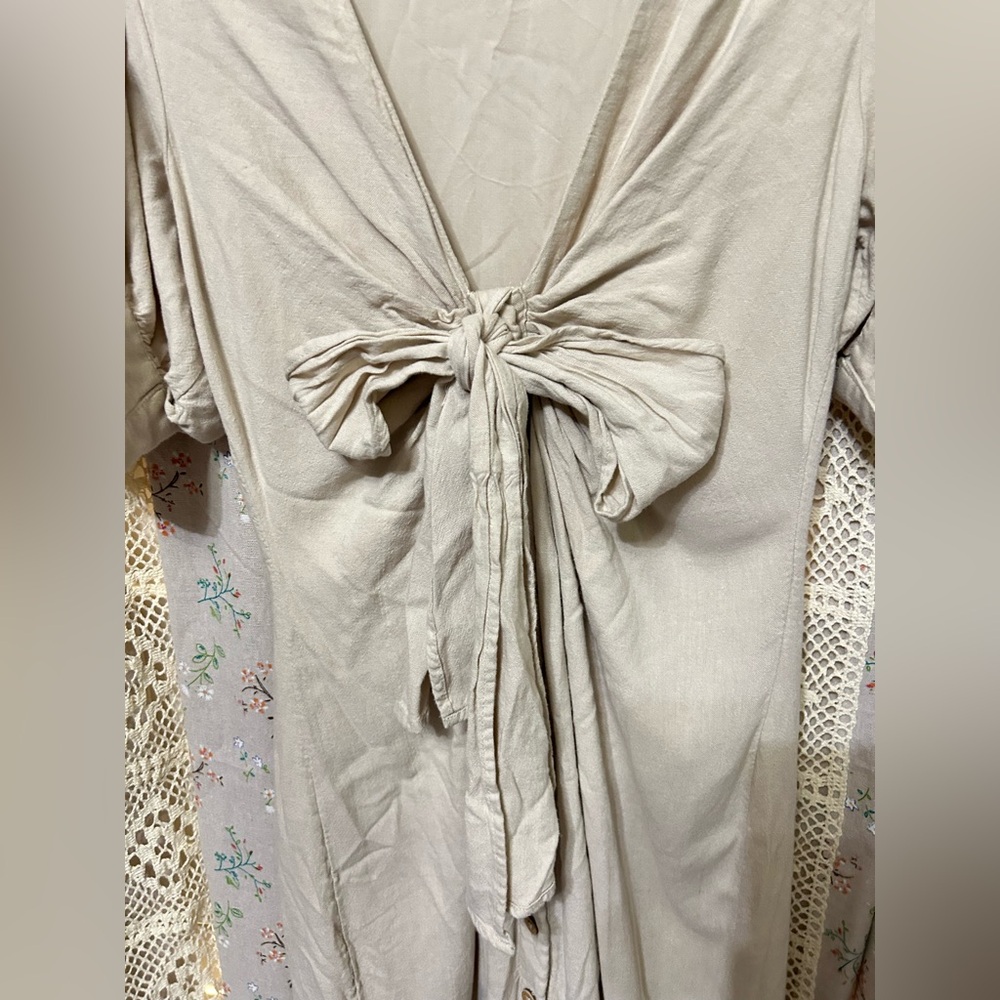 Free People Vintage Summer Neutral Tie Front Midi Dress Small Boho Linen EUC - Picture 6 of 10